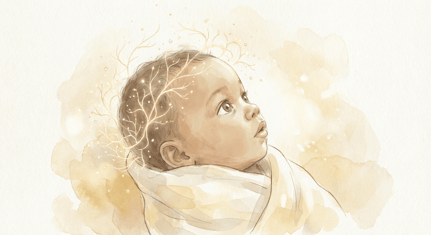 Baby looking up with curiosity, surrounded by soft light