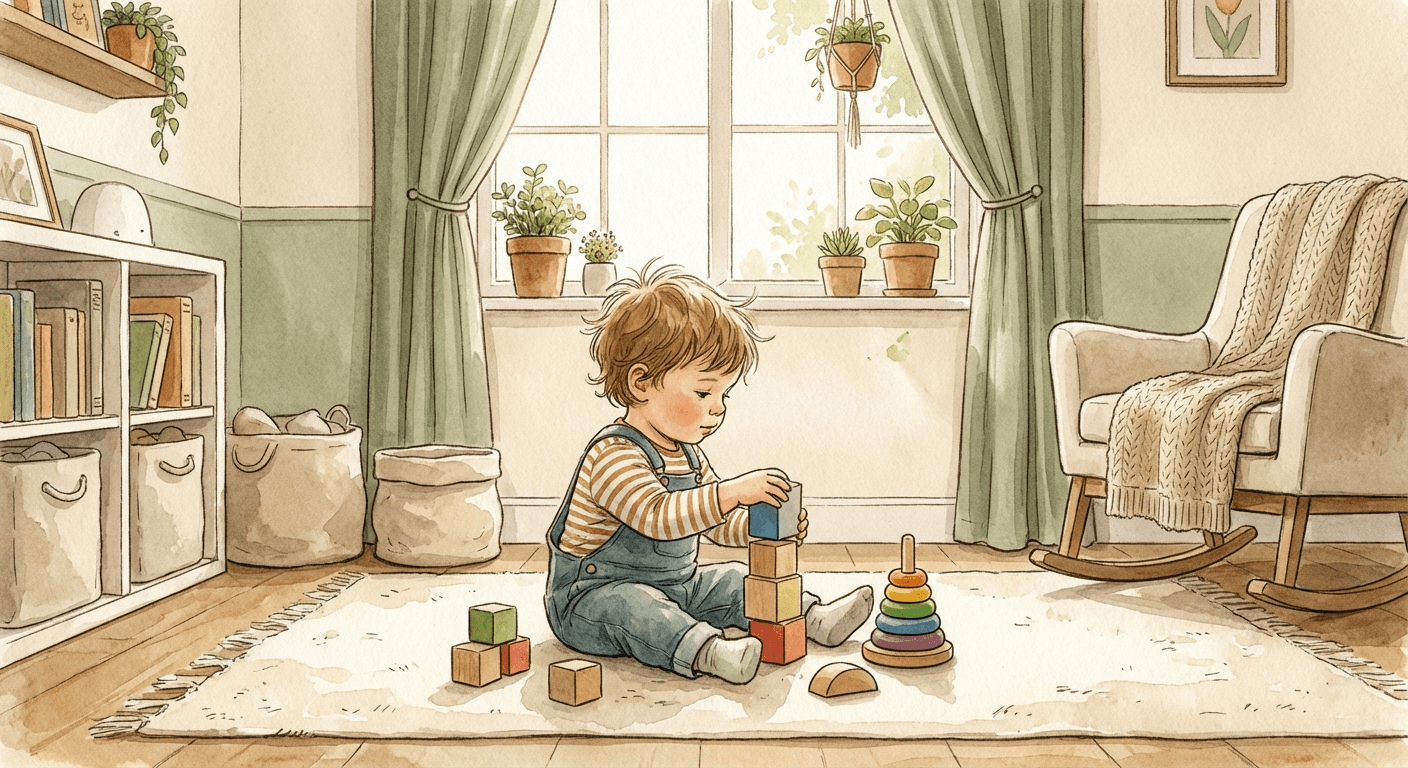 Toddler looking away from a tablet toward a parent